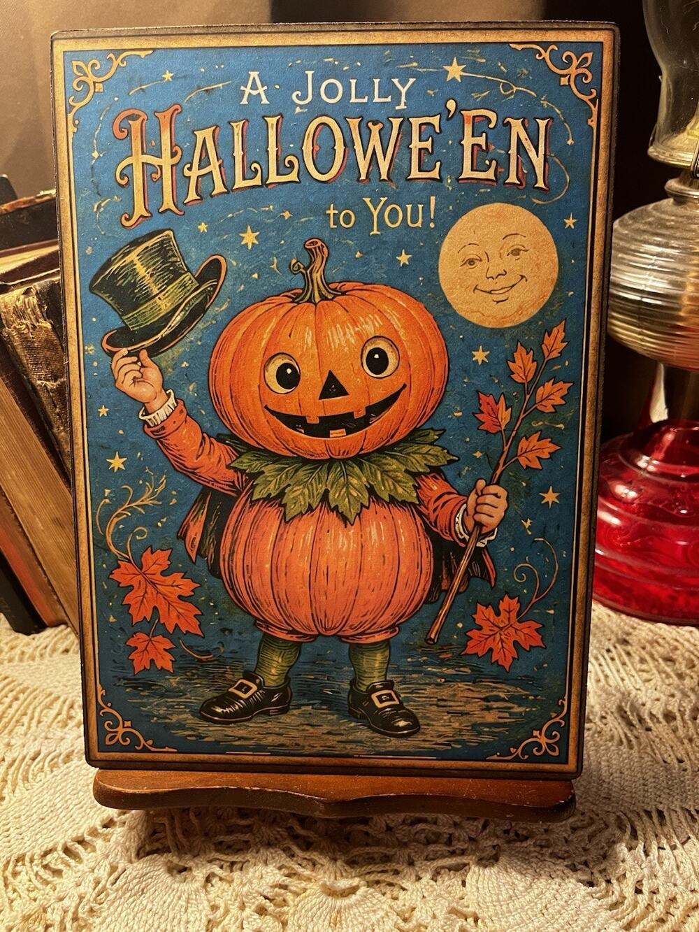 Jolly Halloween, Pumpkin , Retro Handcrafted Plaque